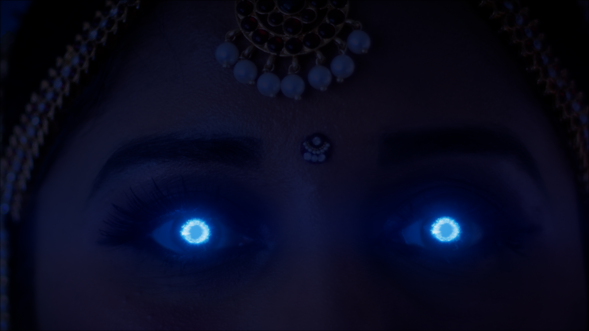 Visual effects enhanced close-up of eyes with refined lighting and detail